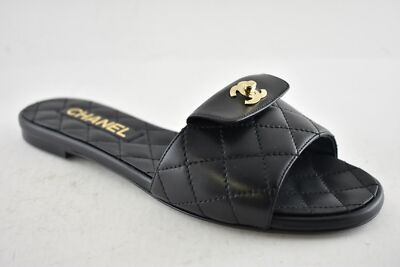 Pre-owned Chanel Rev Black Turnlock Quilted Gold Cc Logo Mules Slide Sandal Flop Flat 36.5