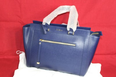 Furla Womens Blue Leather Satchel East West Handbag Purse Large 