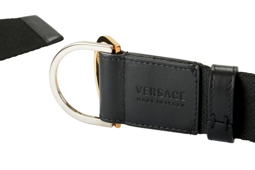 Pre-owned Versace Leather Trimmed Tow-tone Black And Gold Greeca Print Belt