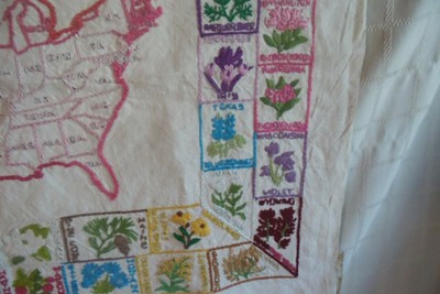 Vintage Cross Stitch Sampler Map of USA With State Flowers as Border Framed