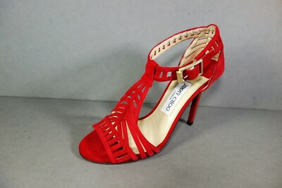 Jimmy Choo 37 Red Suede Faun Sue Strappy Cutouts Classic
