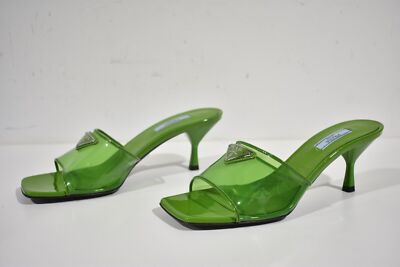 Pre-owned Prada Plexiglas Green Pvc Patent Leather Backless Sandal Mule Heel Pump 40