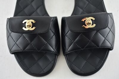 Pre-owned Chanel Rev Black Turnlock Quilted Gold Cc Logo Mules Slide Sandal Flop Flat 36