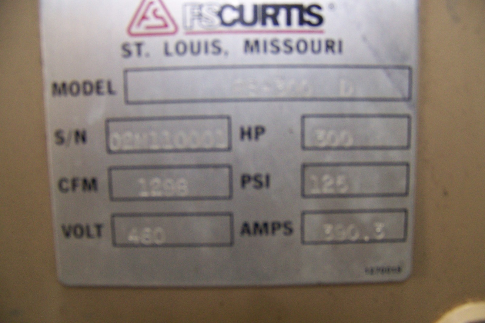 Curtis since 1854 R/S300 300 hp. Rotary Screw Air compressor warranty year 2012