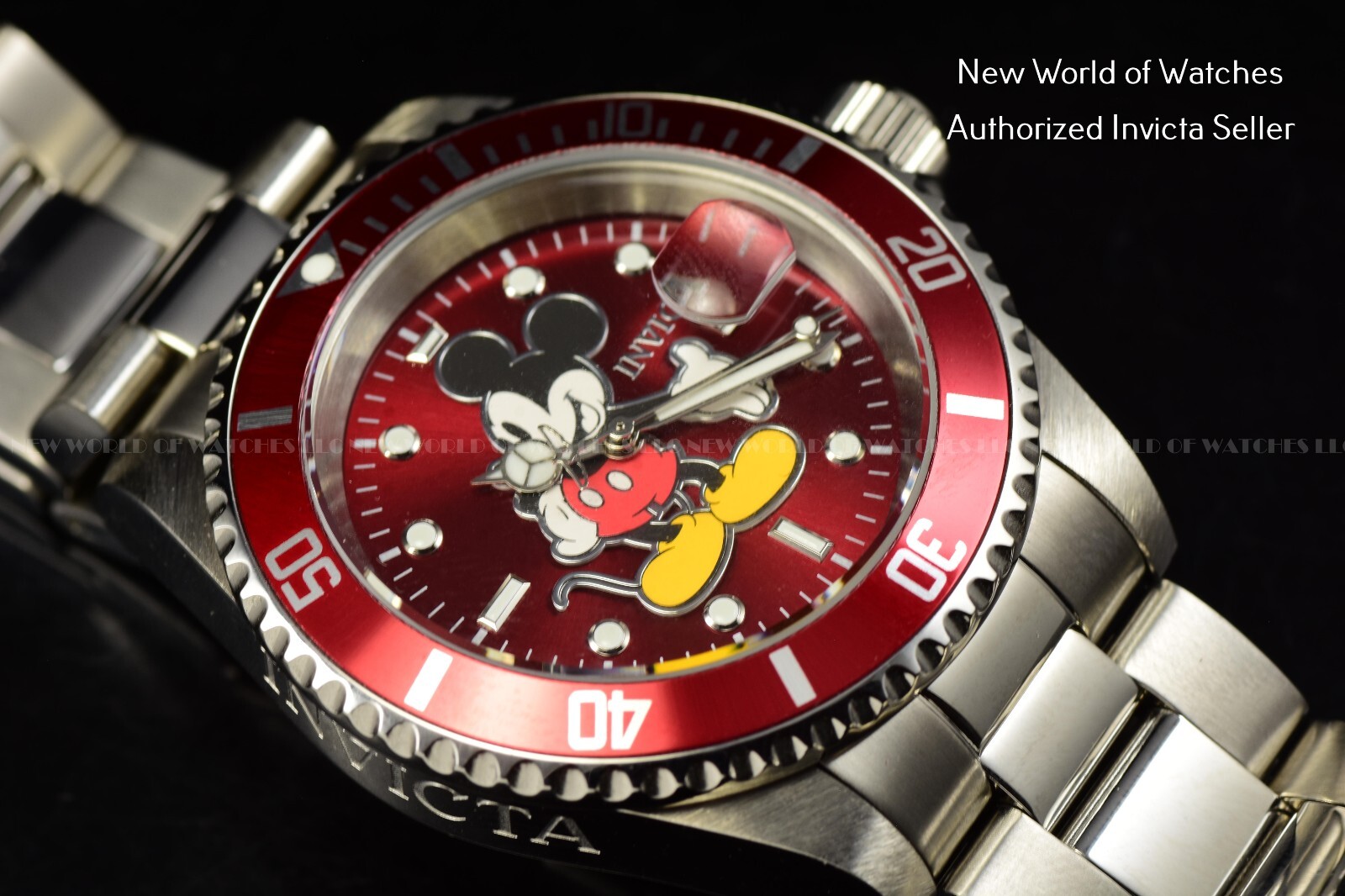 Pre-owned Invicta Disney Mickey Mouse Lim Ed Red Dial 40mm Steel Band Men's Watch 25657