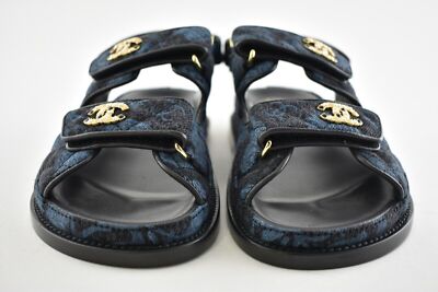 Pre-owned Chanel 21a Blue Black Grey Denim Cc Logo Mule Slide Strap Flat Dad Sandal 36