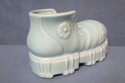 Vintage American Bisque Art Pottery Baby Bootie Shoe Planter Blue Color 6