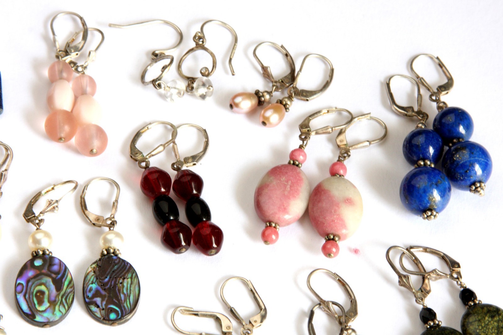 16 Pairs Of Assorted Marked 925 Silver Dangle Earrings With Stones~Beads & More