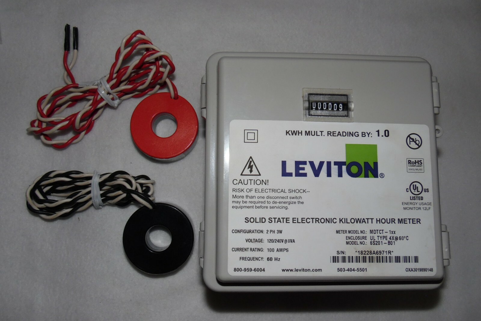 Leviton Dual Element Mini Meter 60H,2PH 3W,120/240V plus 2x CTs CDA01 Red Black
