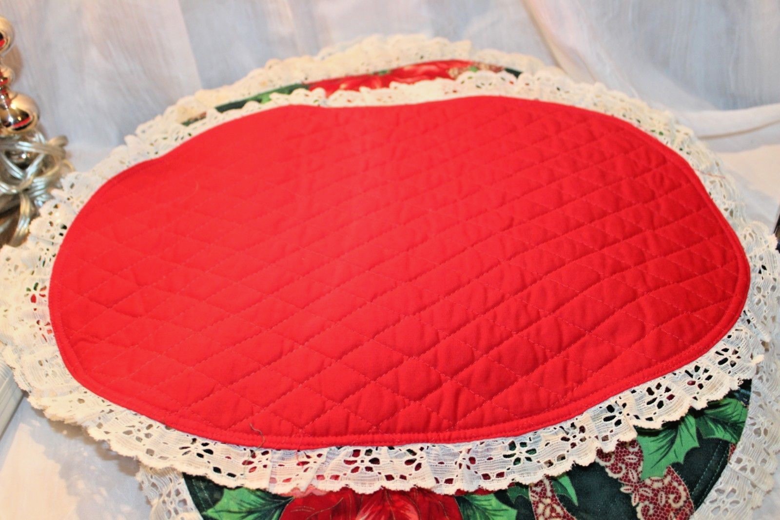 Vintage Placemats Holiday Set 6 Handmade Quilted Lace Christmas FLoral/FLower
