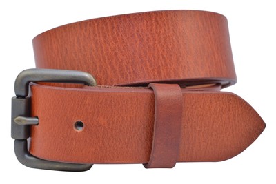 Full Grain Solid Leather Belt w/Antique Brass Roller Buckle - Tan - TBS3402-250