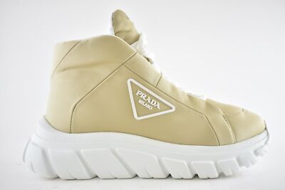 Pre-owned Prada Rush Piuma Nylon Beige White Platform Flat High Top Trainer Sneaker 39.5