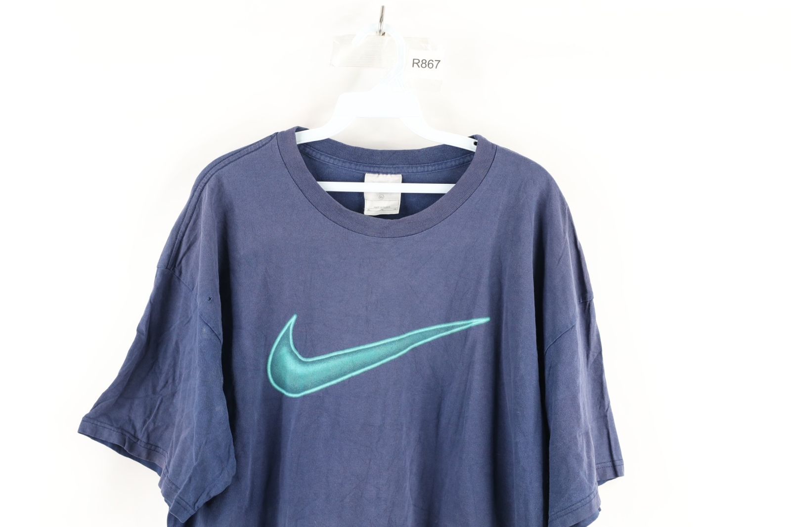 Vintage 90s Nike Mens XL Thrashed Travis Scott Big Swoosh Logo T-Shirt Blue USA