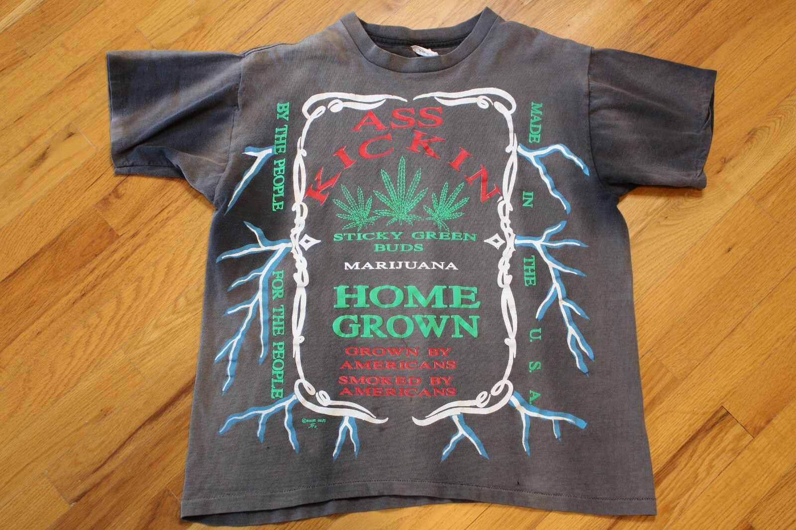 〜90's ASS KICKING  GROWN tee 90'S USA THUNDER WEED - ASS KICKIN' HOME-GROWN VINTAGE