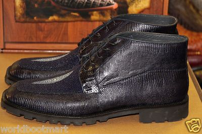 Pre-owned Los Altos Boots Los Altos Genuine Lizard Stingray Navy Blue Men Ankle Boot (ee+) Width Za2068205
