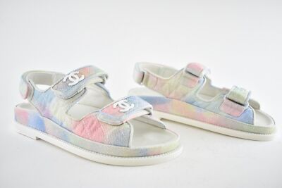 Pre-owned Chanel 22c Green Pink Blue White Cc Logo Mule Slide Strap Flat Dad Sandal 38 In Multicolor