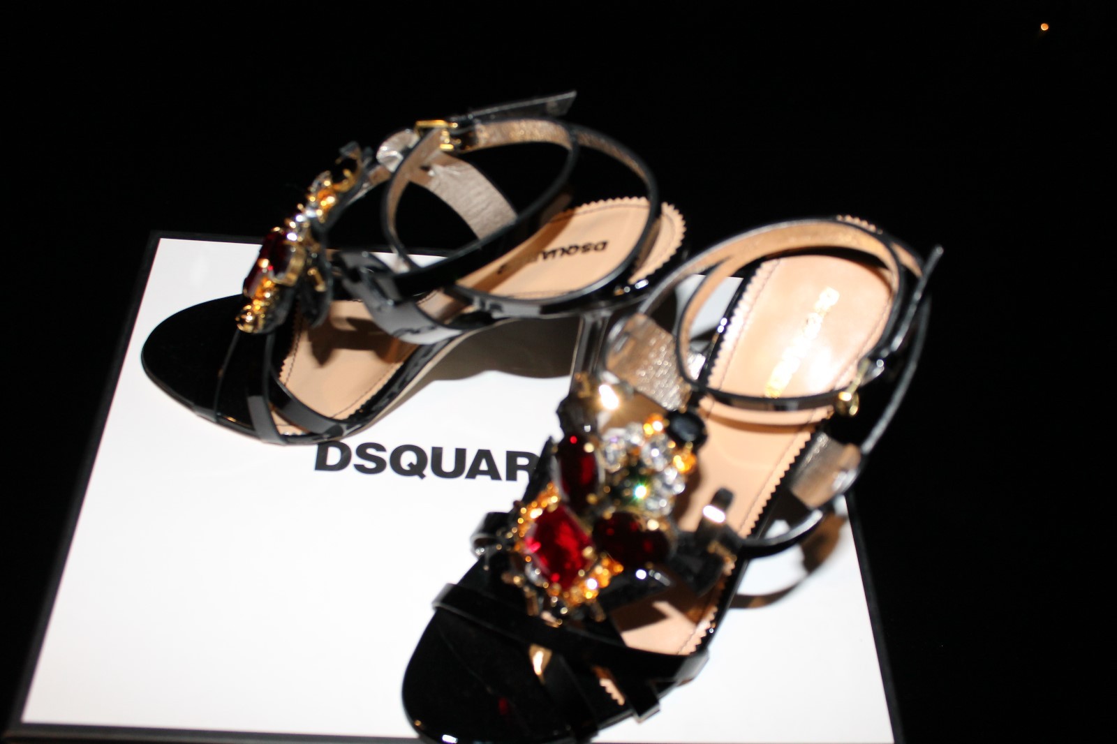 Pre-owned Dsquared2 6.5/37 8.5/39 Jeweled Black Cleo Patent Leather Ankle Strap Sandals