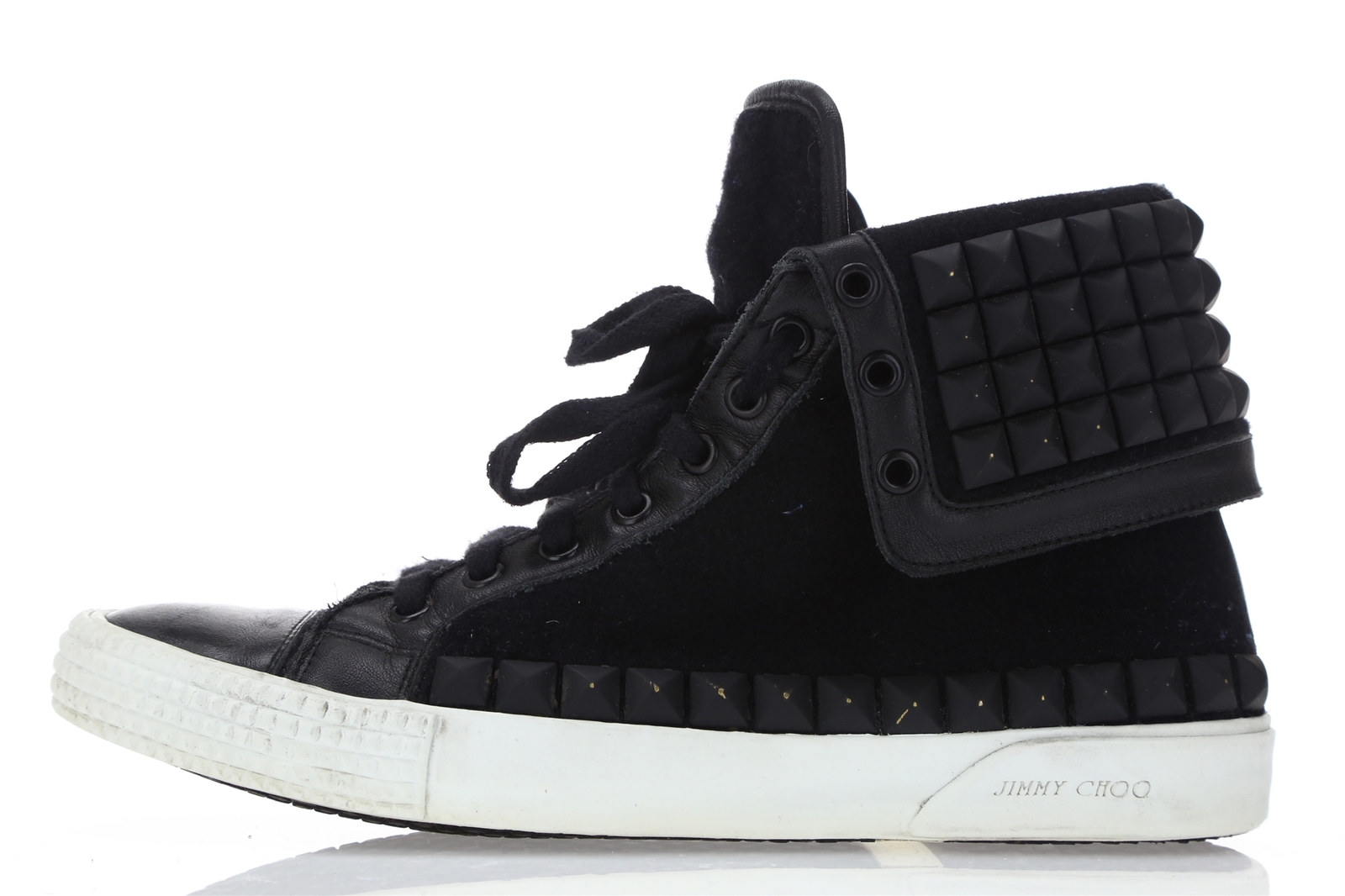 JIMMY CHOO 210921 Black Studs Leather Wool High Top Fashion Sneakers Size 41