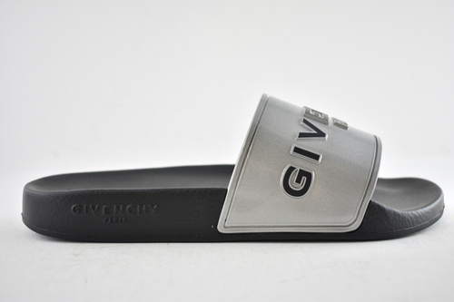 Pre-owned Givenchy Silver Rubber Black Logo Print Slide On Pool Sandal Flip Flop Flat 38