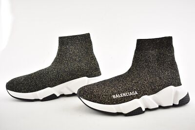 Pre-owned Balenciaga Women Speed Sock Trainer White Black Gold Lurex Runner Sneakers 41
