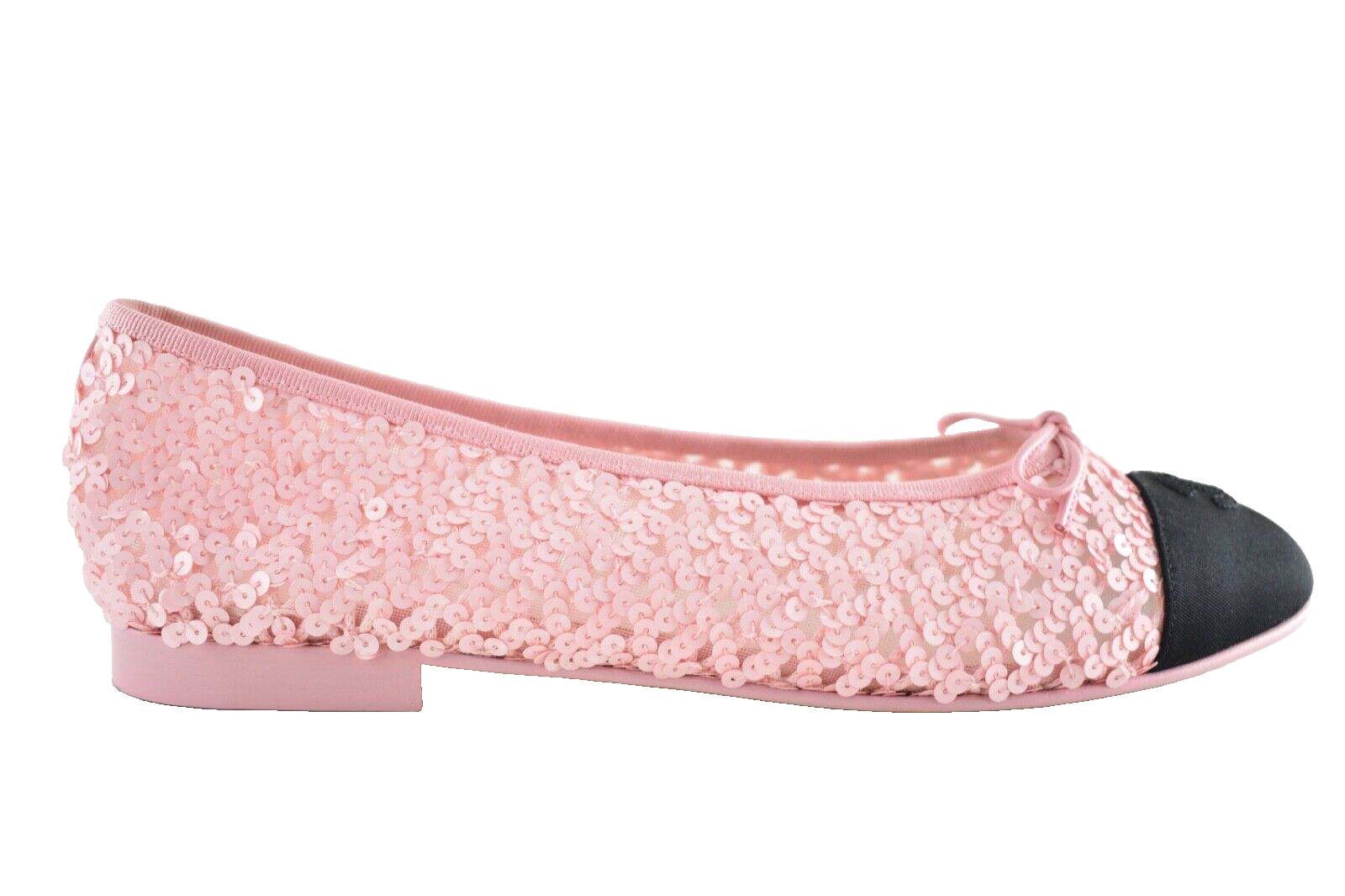 Chanel 23C Pink Sequin Black CC Logo Cap Toe Bow Tie Ballet