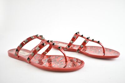 Pre-owned Valentino Garavani Valentino Rockstud Red Black Rubber Lipstick Jelly Pvc Stud Cage Flat Sandal 40