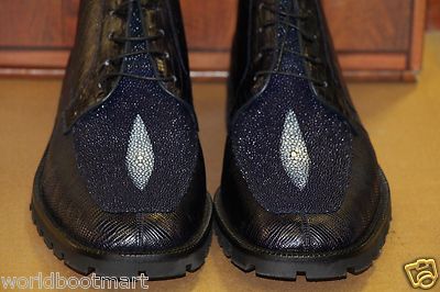 Pre-owned Los Altos Boots Los Altos Genuine Lizard Stingray Navy Blue Men Ankle Boot (ee+) Width Za2068205