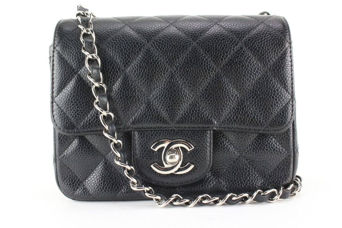 Chanel Black Quilted Caviar Leather Mini Square Classic Flap SHW RARE 2CJ1214