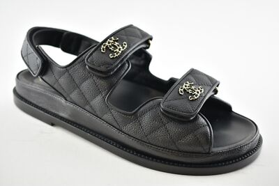 Pre-owned Chanel Rev Black Caviar Gold Cc Logo Mule Slide Strap Flat Teva Dad Sandal 38.5