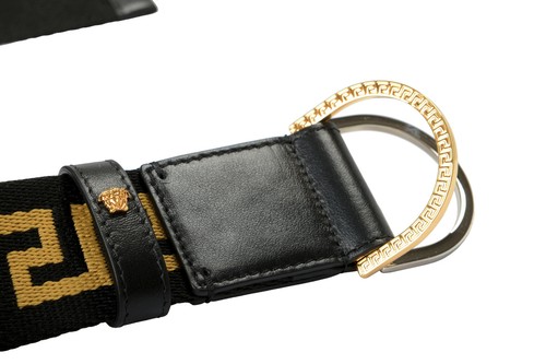 Pre-owned Versace Leather Trimmed Tow-tone Black And Gold Greeca Print Belt