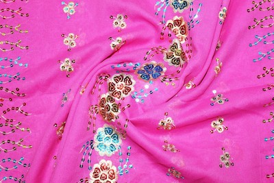 Vtg Indian Pink Sari Silk Wrap Hand Dyed,Heavily Beaded Pink Scarf 44 x 100