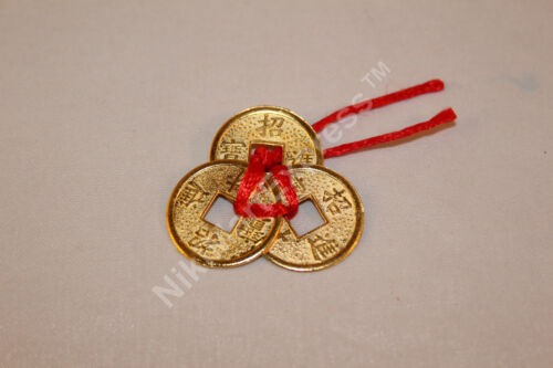 Chinese 3 Ribbon Tied (1x set) Ancient Golden Brass Coins Feng Shui Protection