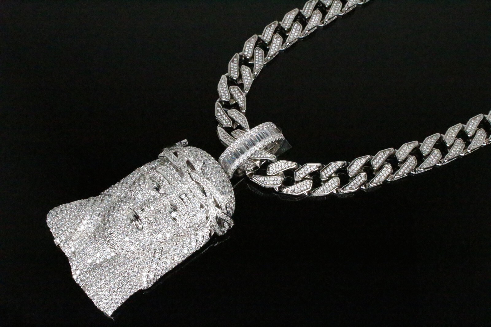 Pre-owned Line Xl Jesus Iced Pendant 12mm Cuban Miami 30ct Vvs1 Lab Simulated Diamonds Chain In White/colorless