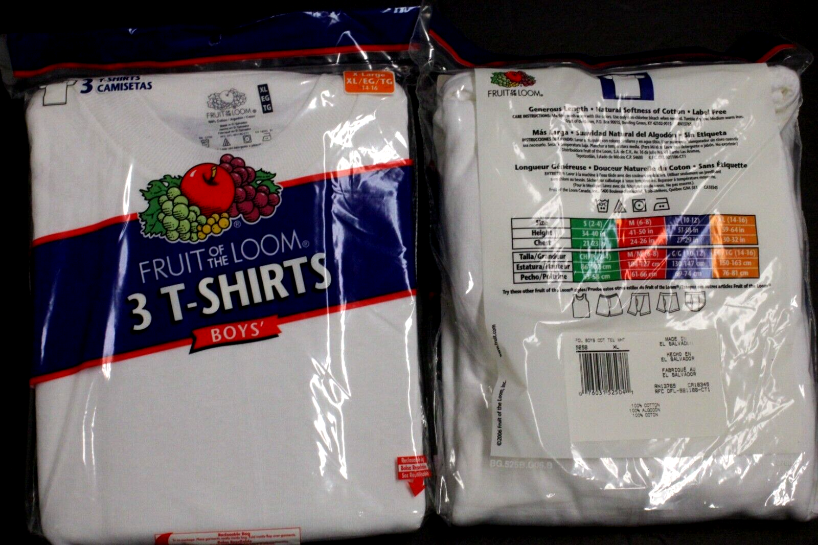 3 Pack of Fruit of the Loom Boys' Cotton T-Shirt -XLarge 14-16 T White H-59-64"