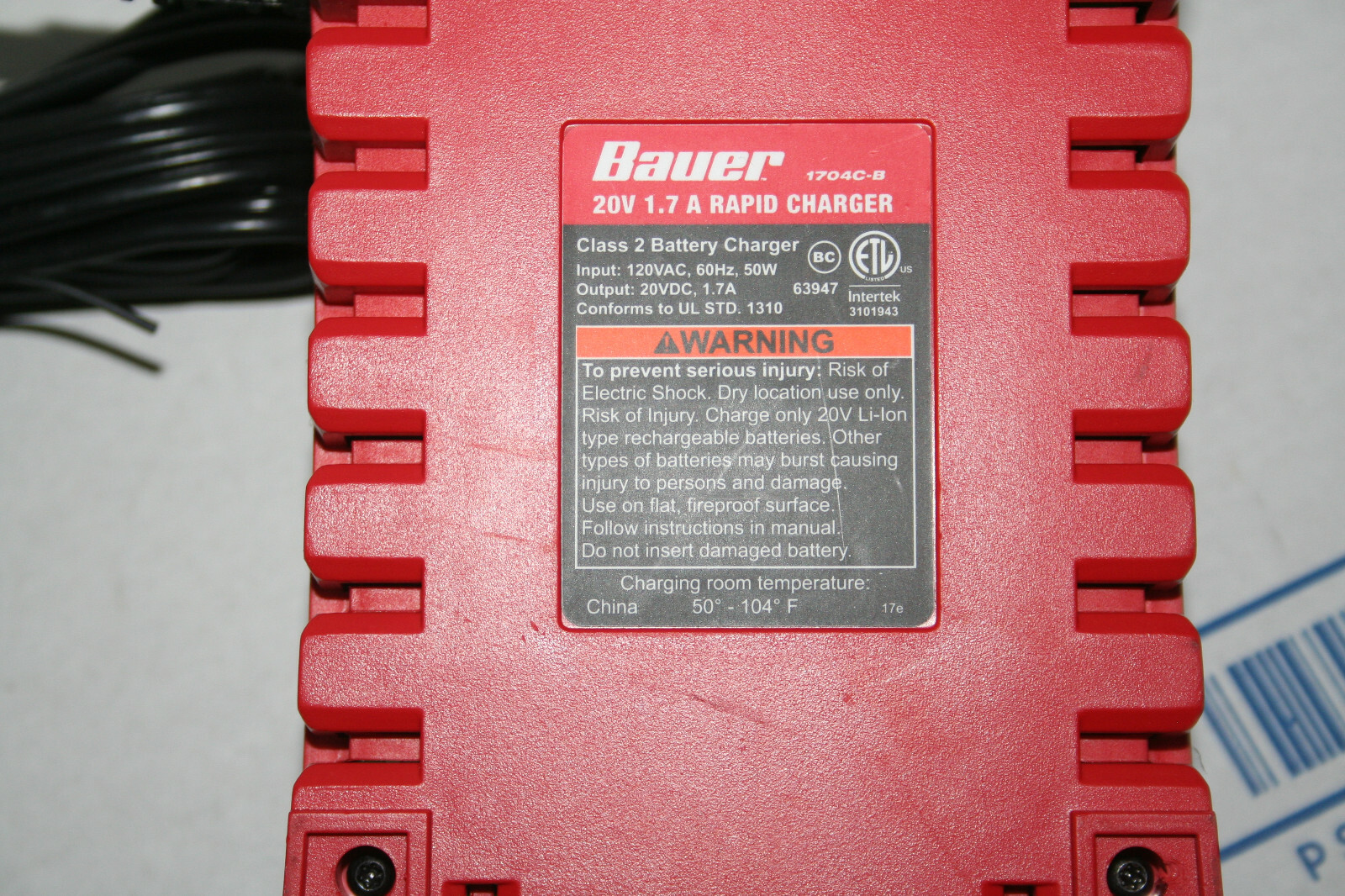 New Bauer Rapid Battery Charger HyperMax Bauer 20V Lithium Ion