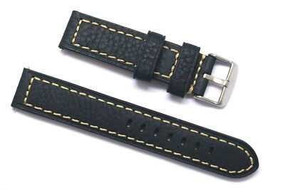 20mm or 22mm Quality Black Oily Cowhide Leather Beige Stitching Men Watch Band