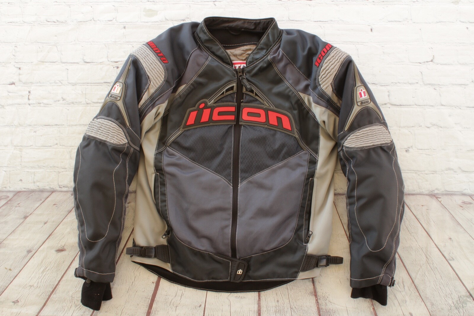 Mens ICON Contra Gray Textile Patched Motorcycle Jacket w