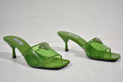 Pre-owned Prada Plexiglas Green Pvc Patent Leather Backless Sandal Mule Heel Pump 40