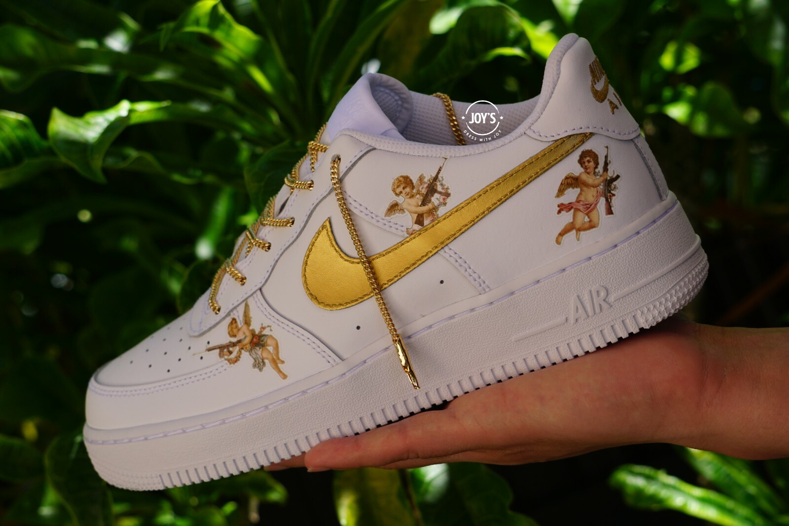 Pre-owned Nike Custom  Air Force 1 Sneakers. Golden Cherub Angels. Golden Chain Laces.