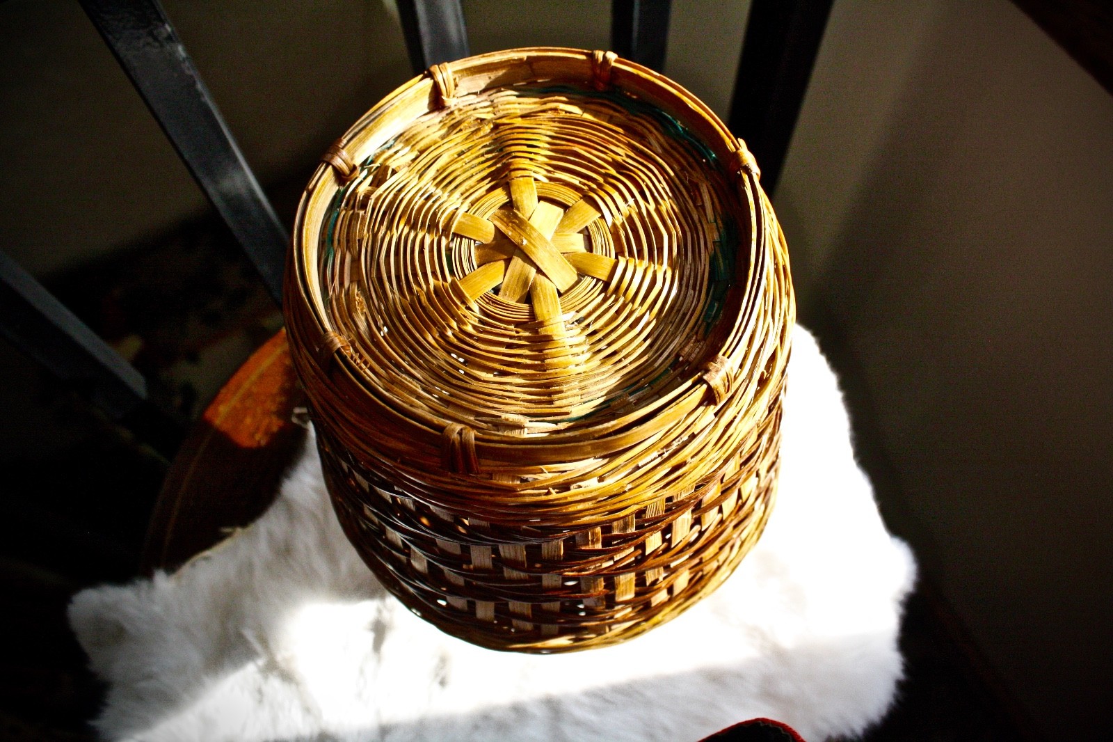 Vintage Antique Woven Tight Wicker Ornate Vase Basket Boho Bohemian Rattan