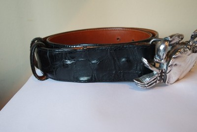 VINTAGE WATHNE BLACK LEATHER BELT  925 SILVER CRAB  BUCKLE SIZE 28