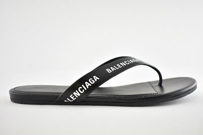 Pre-owned Balenciaga Black White Leather Logo Thong Slide Slip On Sandal Flip Flop Flat 37