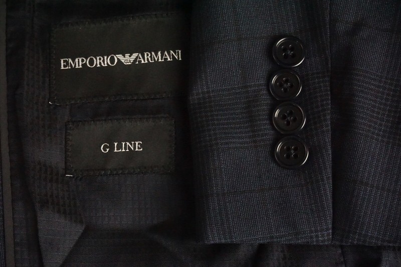 Emporio Armani G Line Blue Black Glenplaid 100% Wool 2 Pc Suit Jacket Pants 42