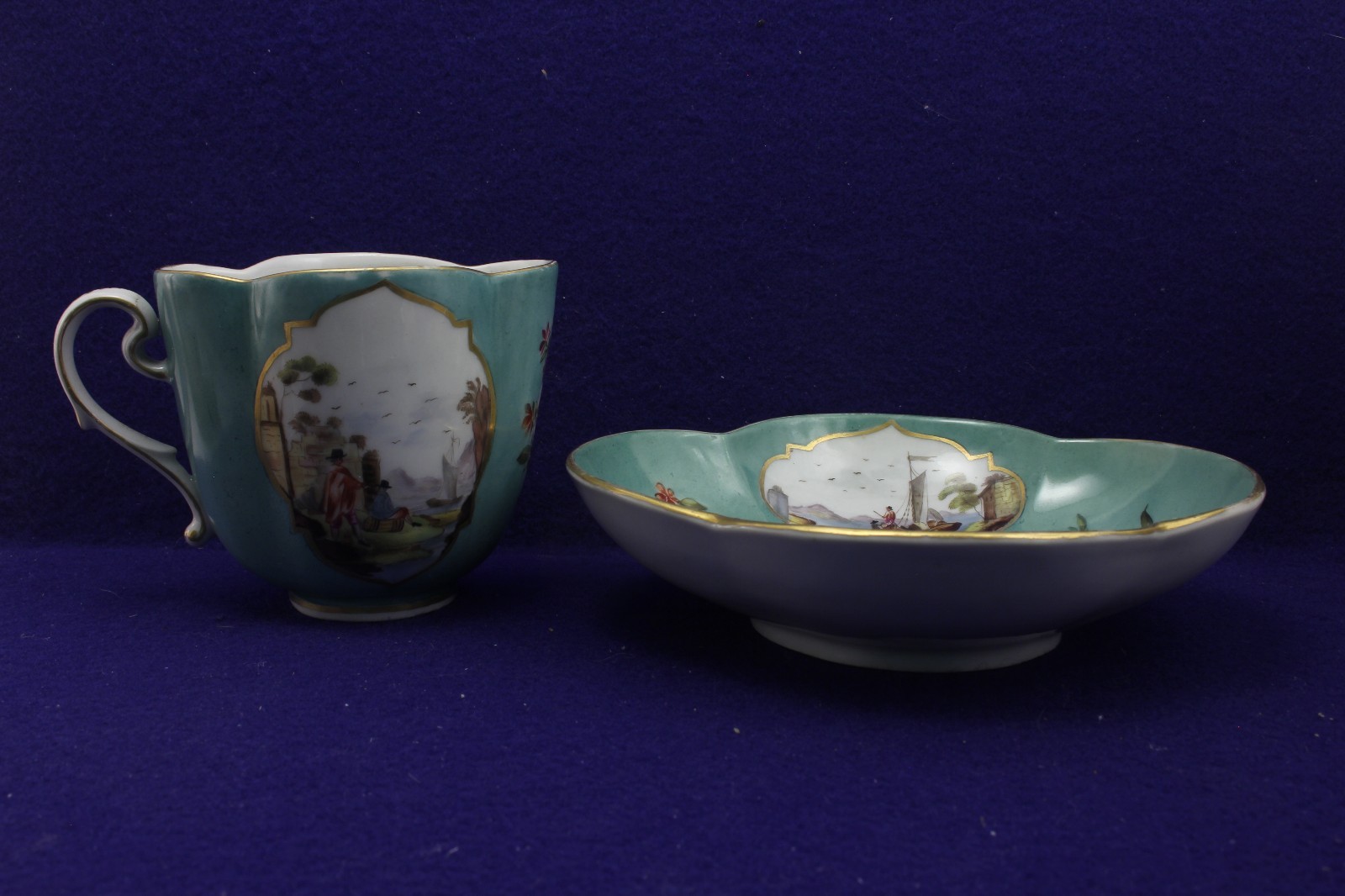 Meissen 1735 Cup & Saucer Harbor Scenes Quatrefoil Shape