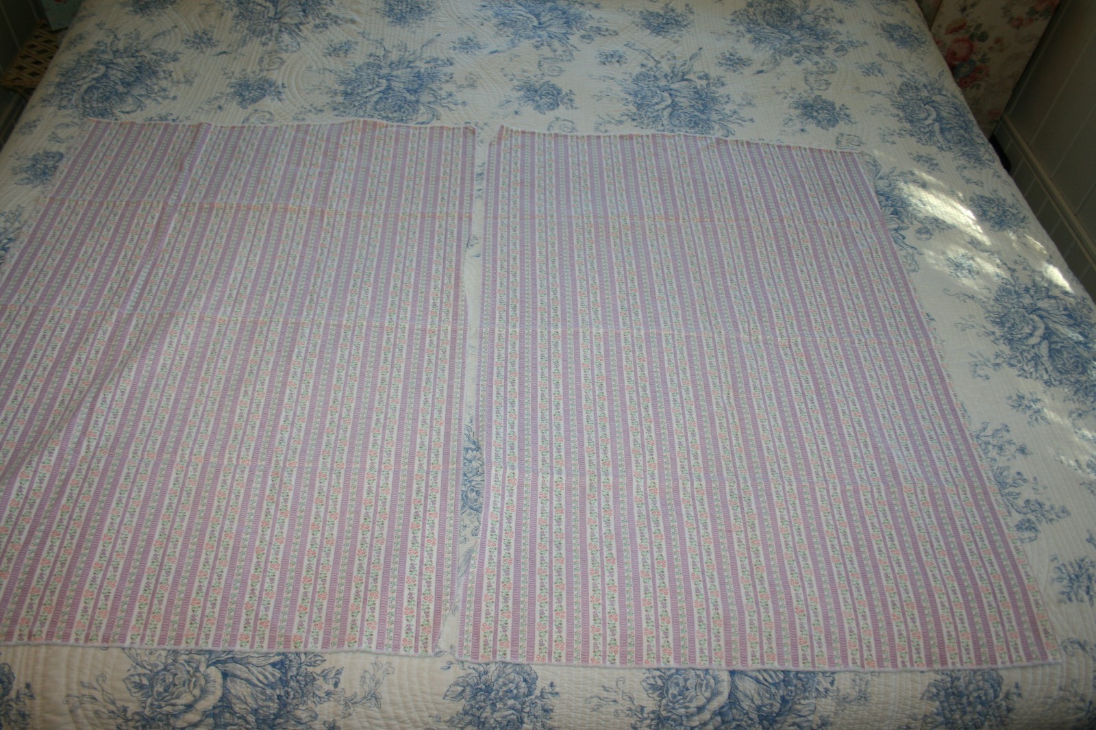 Vintage Heavy Thick Pillow Ticking Case Fabric Pink Floral Lavender Stripe 2 Pcs