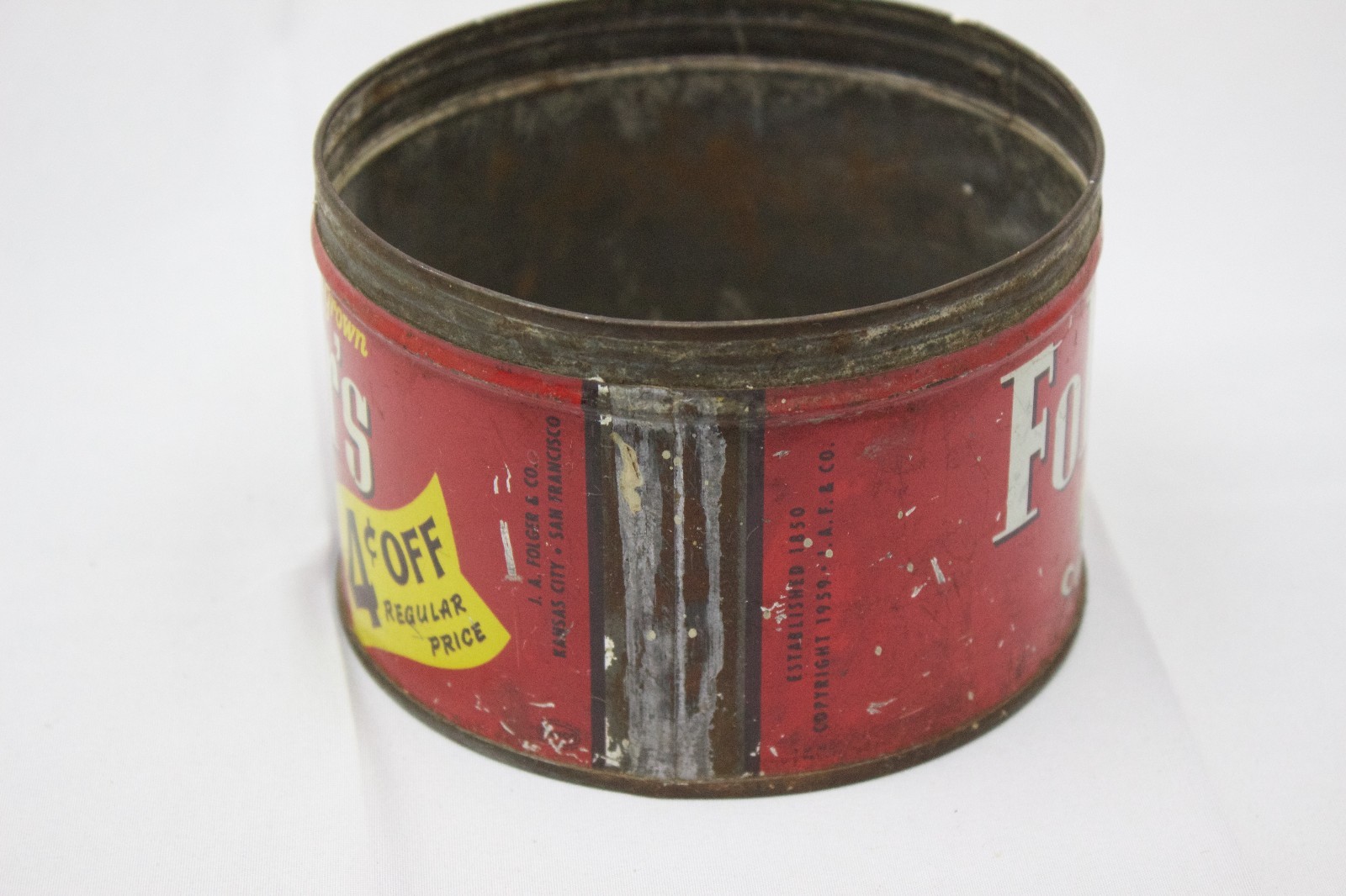 Vintage Dated 1959  Red Advertising Folgers Coffee Can Tin Metal Container (2)