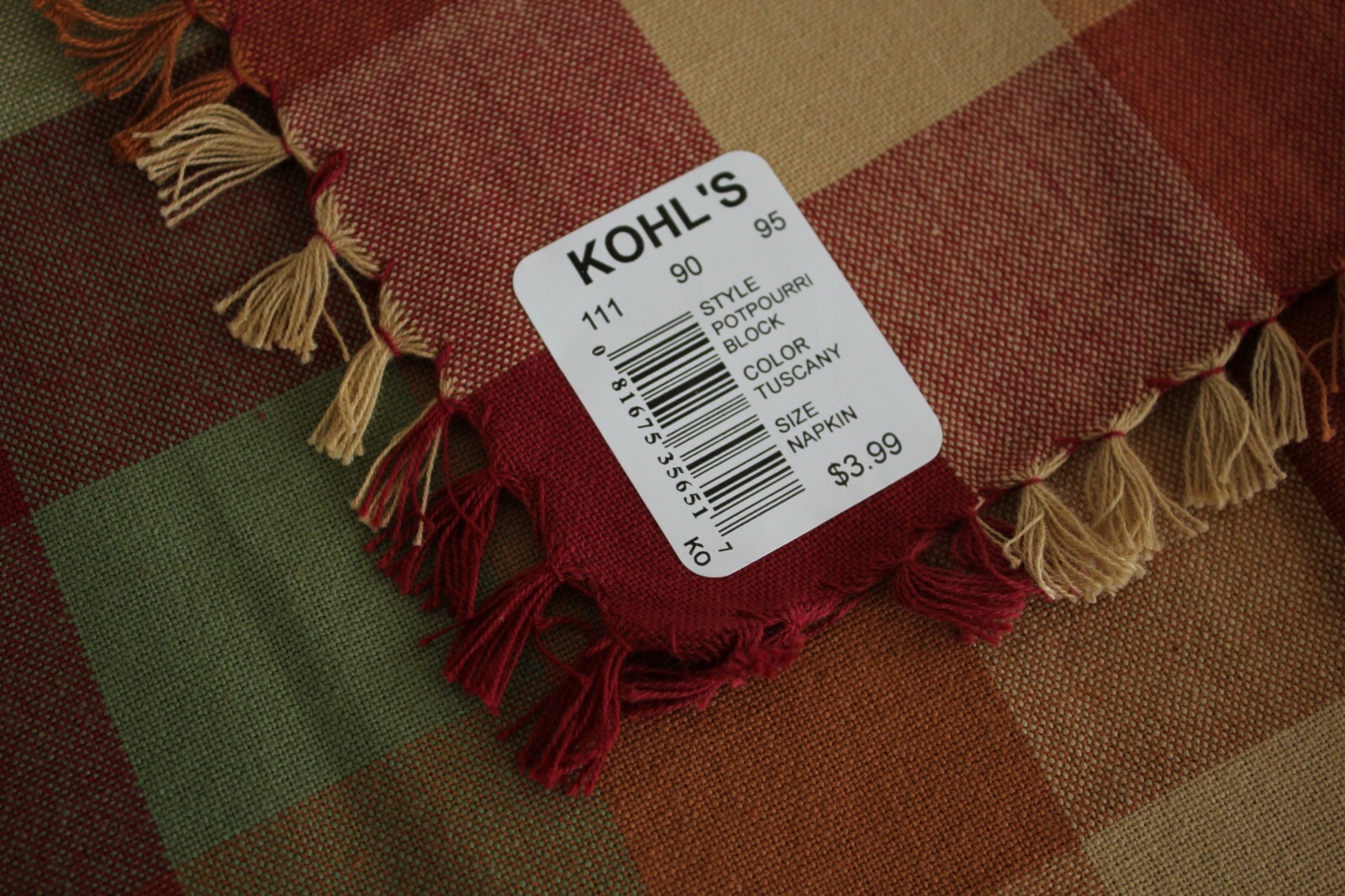 Unused Earth Tones Woven Plaid 100% Cotton 18 Inch Dinner Napkins Set of Eight