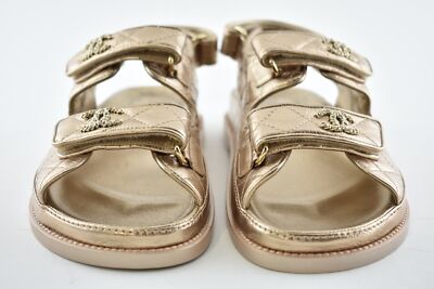 Pre-owned Chanel 21c Bronze Quilt Chain Cc Logo Mule Slide Strap Flat Teva Dad Sandal 36.5 In Gold