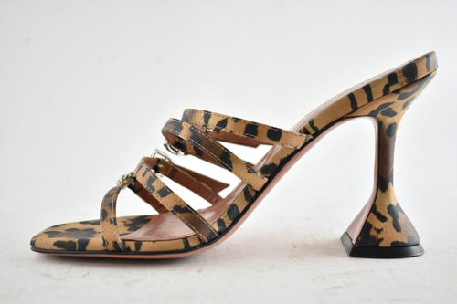 Pre-owned Amina Muaddi Robyn Slipper Satin Leopard Crystal Backless Sandal Heel Pump 36 In Black