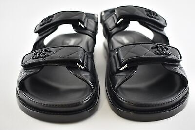 Pre-owned Chanel Black Leather Quilted Chain Cc Logo Mule Slide Strap Flat Dad Sandal 36.5